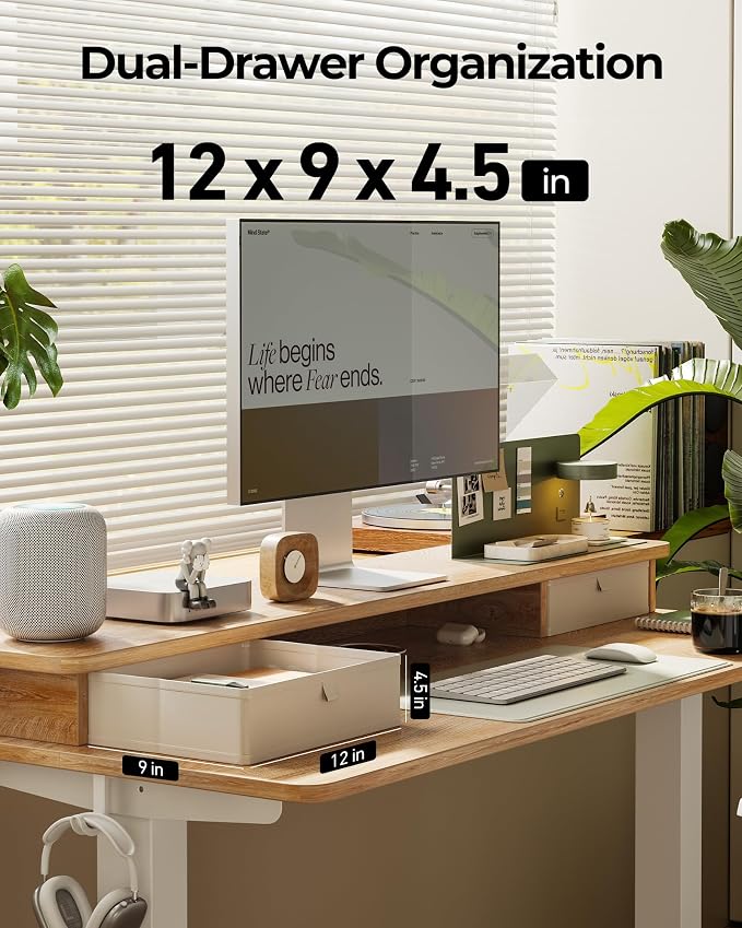 48x24 Inch Electric Standing Desk with Double Drawers, Adjustable Feet & Hooks, Ergonomic Home Office Workstation, Maple