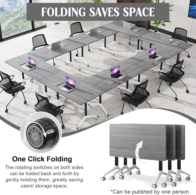 Conference Table,55.1''Folding Conference Room Table for 4-12 People,Mobile Flip Top MeetingTraining Table with Different Coulor and Styles for Offices, Classrooms,Meeting Room (6, 61''F)