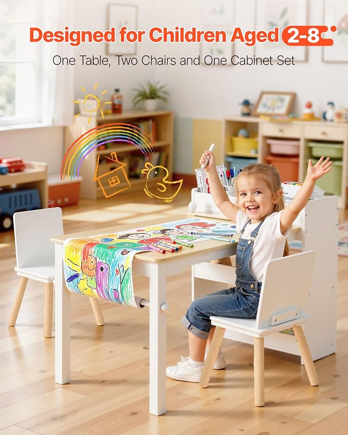 VEVOR Kids Art Table and Chair Set, Toddler Activity Table with Storage, Wood Kids Craft Desk with Paper Roll for Drawing, Reading, Writing, Kid Play Table for Nursery, Playroom, Classroom, White