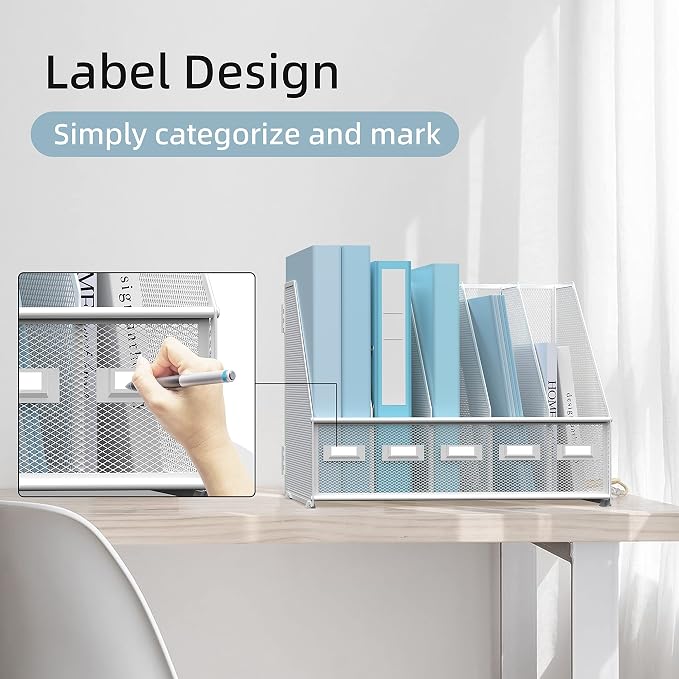 Desk Organizers Metal Desk Magazine File Holder with 5 Vertical Compartments Rack File Organizer for Office Desktop, Classroom, Home Workspace, White