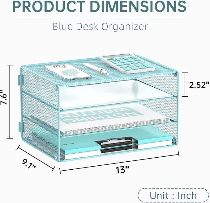 DALTACK 3 Tier Letter Tray Paper Organizer with Sliding Mesh Trays Blue | Metal Mesh File Organizer with Sliding Trays for Letter and A4 Paper, Mail, Bills, Folders and Office Documents