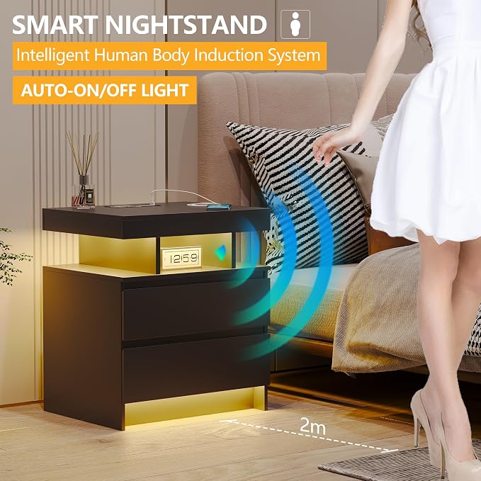 dnbss LED Nightstand with Charging Station, Smart Bedside Table, Black | Modern Night Stand, Floating Desktop, 2 Drawers, 1 Compartment, Human Body Sensor, for Bedroom Living Room Office Storage