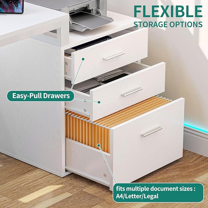YITAHOME L Shaped Desk with 3 Drawers | 65" Corner Computer Desk with Power Outlets & LED Lights, L-Shaped Desk with File Cabinet & Printer Stand for Home Office
