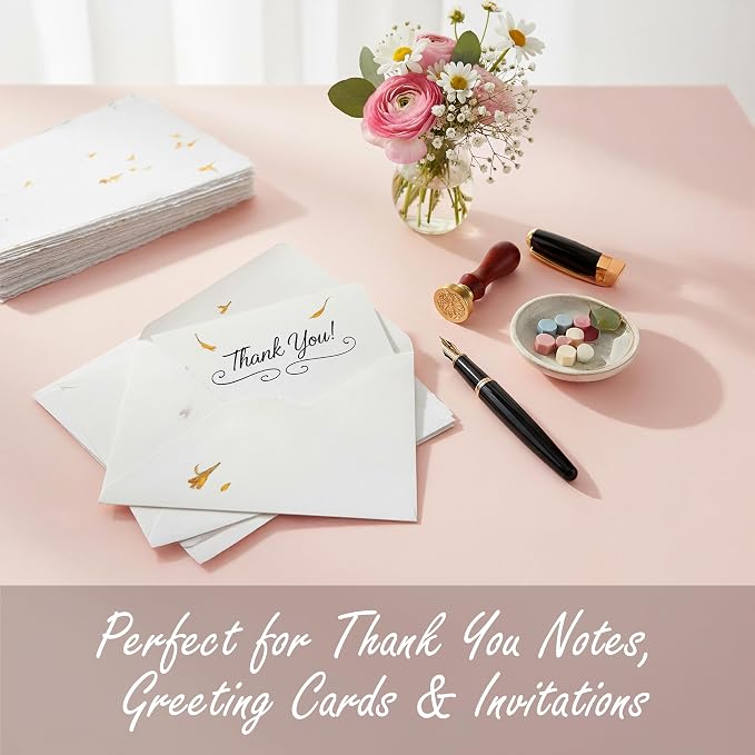 Wanderings Handmade Deckled Edge Paper with Real Flower Petal - 4" x 6" - Thick 150 GSM - 50 Pack - Place Cards, Name Cards for Table Setting, Gift Tags, Invitations, Save the Date, Greeting Cards