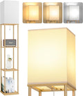 Floor Lamp with Shelves, 3-Tier Modern Square Bookshelf Standing Lamp Wood | 3 Color Temperature Bulb Included, Pull Chain Tall Lamp for Living Room Bedroom Corner Office Apartment Decor