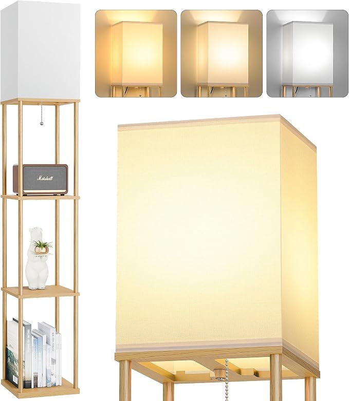 Floor Lamp with Shelves, 3-Tier Modern Square Bookshelf Standing Lamp Wood | 3 Color Temperature Bulb Included, Pull Chain Tall Lamp for Living Room Bedroom Corner Office Apartment Decor