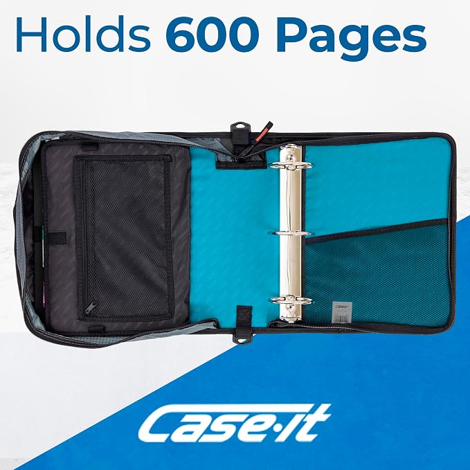 Case-it School Zipper Binder | 3" O-Rings | 600-Sheet | D-146 Aqua Marine | Mighty Zip Tab, 5-Subject Expanding File Folder, Multiple Pockets, Storage Organizer, Shoulder Strap, Office
