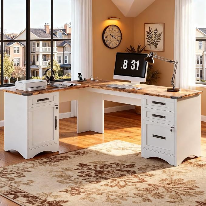 Decofy 67" Farmhouse L Shaped Standing Desk with Drawers Home Office Executive Desks with Fast Charging Station, Lockable File Cabinet, Wood Writing Computer Desk for Work, Study, White