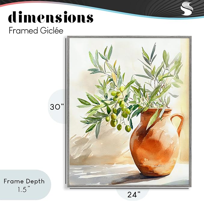 'Olive Branch in Terracotta Vase'| Framed Giclee Art | Stupell Industries | Gray, 24 x 30 Inches, Easy to Hang and Sturdy, Made in USA, by LSR Design Studio
