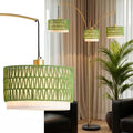80'' Gold Rattan Arc Floor Lamp for Living Room, 3-Light Boho Tree Lamp | Heavy Natural Marble Base, 1/2/3-Light Rotary Switch,Double-layer Green Wicker/Fabric Shades for Coastal Style,8 ft+ Ceilings