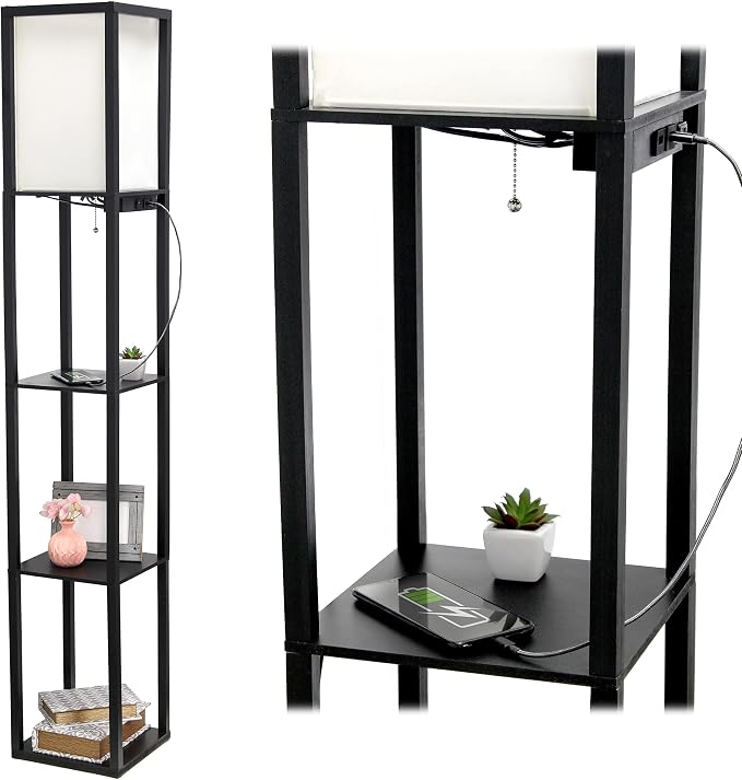 Simple Designs LF1037-BLK-LB Three Shelf Etagere Organizer Storage Floor Lamp with 2 Dual USB Ports and Charging Outlet, Black, with Feit LED Bulb Included