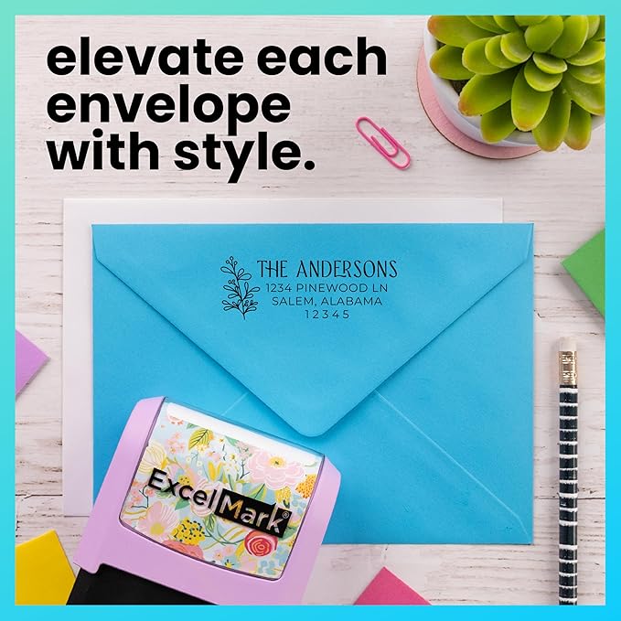 ExcelMark Address Stamp - Custom Return Address Stamp with Elegant Designs, Vibrant Colors & Patterns – Perfect for Mail, Invitations & Gifts (Black Mount, Foliage Edge)