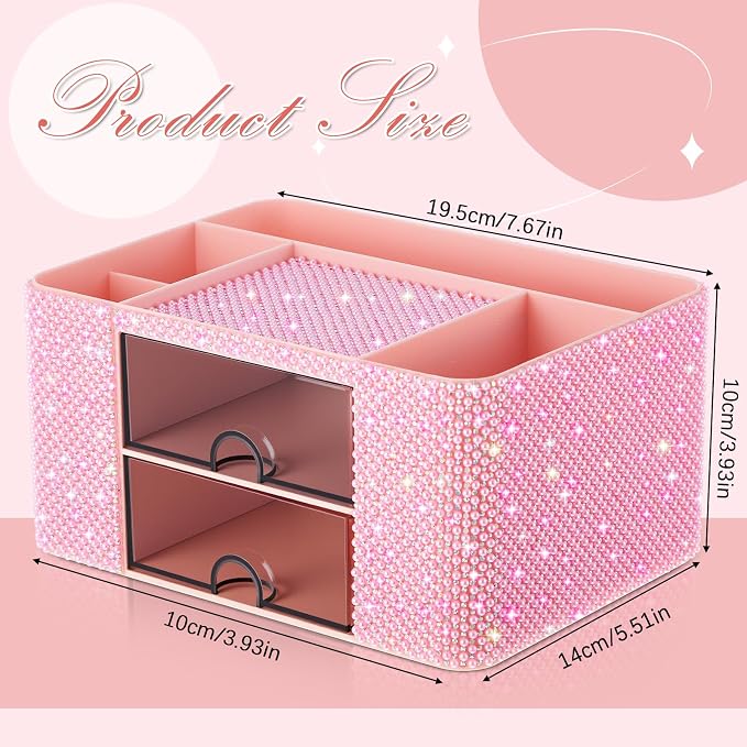 MotiMind Pink Bling Desk Organizer with 2 Drawer, Sparkly Makeup Organizer for Vanity, Girly Desk Accessories, Rhinestone Pen Holder, Elevate Your Workspace with Pink Serenity (Pearl)