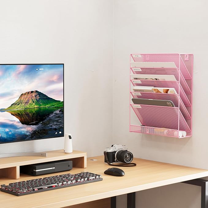 EasyPAG 5 Tier Wall File Holder, Mesh Hanging Folder Organizer with Classify Label, Versatile Desk File Holder, Vertical Wall Mounted Mail Organizer for Office Home Cubicle, Pink