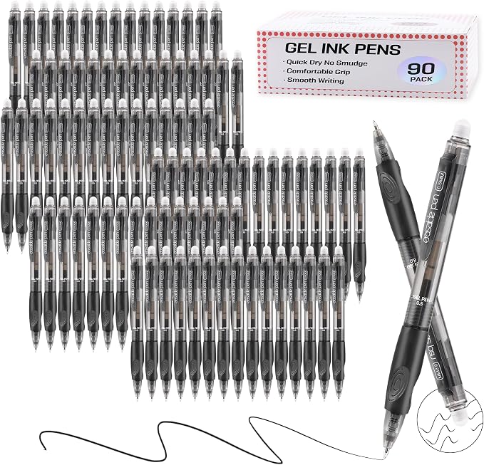 USUAL 90 Black Retractable Erasable Gel Pens Clicker, Fine Point(0.5mm), Make Mistakes Disappear, Premium Comfort Grip, Black Ink for Planners,Smooth Writing Pen Office Back-to-School Supplies
