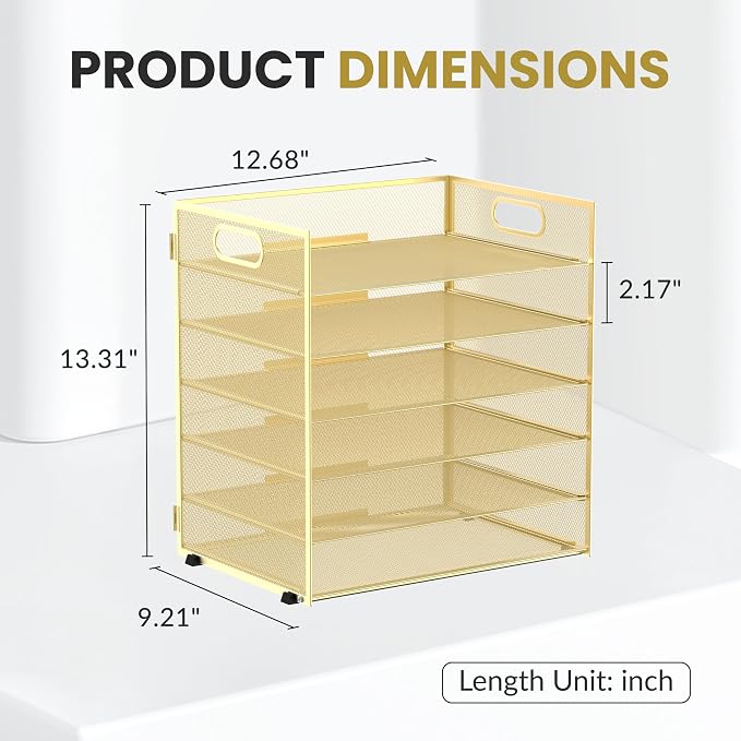 Daltack 6-Tier Paper Organizer for Desk with Handle, Gold | Sturdy Metal Mesh Organizer with Movable Middle Trays and a Carry Handle for Papers, Folders and Office Supplies