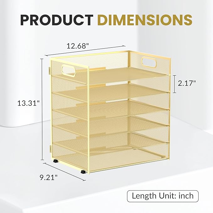 Daltack 6-Tier Paper Organizer for Desk with Handle, Gold, 2 Pack | Sturdy Metal Mesh Organizer with Movable Middle Trays and a Carry Handle for Papers, Folders and Office Supplies