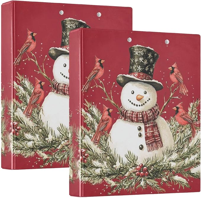 Christmas Snowman Xmas Birds Red 3 Ring Binder 1.5" Decorative D-Ring Binder with Clipboard&3 Clear Pockets, Holds 200 Sheets A4 Size Paper Waterproof Binders for School Home Office|2 Pack