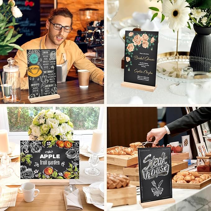 Bouiexye 1 Pack 8.1x12 in Chalkboard Signs with Stand for Tables Small Chalk Board Signs Tabletop Message Board Sign with Wood Base for Home Decorations Coffee Shop Restaurant Kitchen Wedding Party