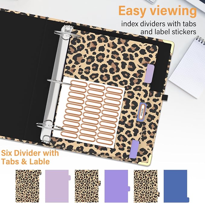 3 Ring Binder 3 Inch Ring, Three Ring Binders for Letter Size 11" x 8.5" with 6-Tab Dividers, 2 Pockets, Binder with Clip for School and Office Supplies-Cheetah Spots