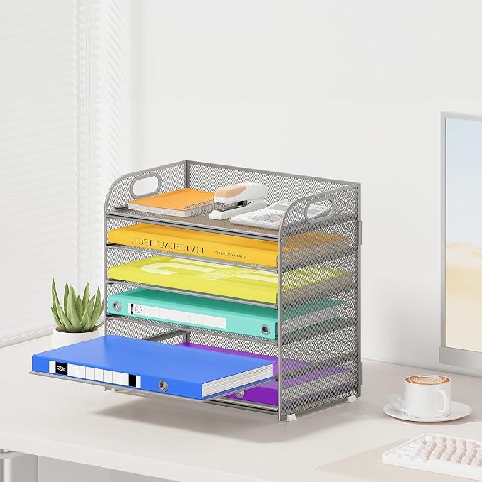 Cawukege 6 Tier Paper Organizer with Handle, Metal Desk Organizer Mesh Paper Letter Tray Desktop File Folder Document Sorter for Classroom, School, Office Accessories Storage (1, 6 Tier - Silver)
