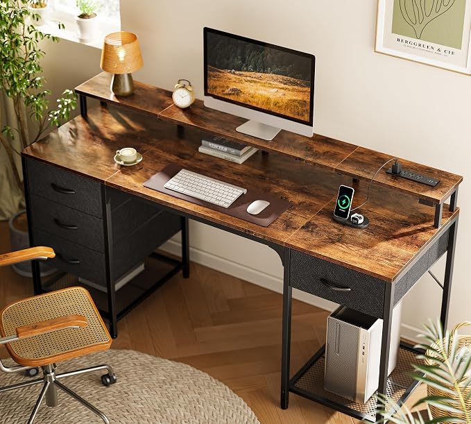 Huuger 63 inch Computer Desk with Power Outlets & 4 Drawers | Gaming Desk with LED Lights, Home Office Desk with Storage Space for Bedroom, Work from Home, Rustic Brown