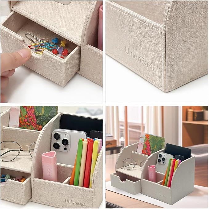 UnionBasic Desk Organizer - Multifunctional Leather Desktop Pen Holder Storage Box - Business Card/Pen/Pencil/Mobile Phone/Stationery Holder, Beige