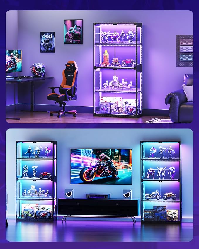 AODK Display Cabinet with Glass Door & RGB LED Lights, 4-Tier Display Case | Glass Display Shelf for Storage, Curio Cabinet for Collectibles & Showcase, Living Room
