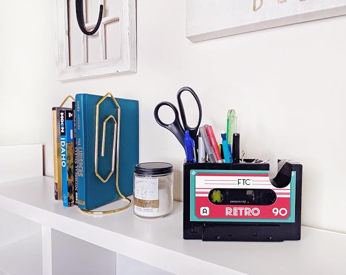 FTC 80's Cassette Tape Dispenser & Pen Supply Holder - Funny Supplies & Desk Accessories for Home, School, Office for Men & Women - 6.70'' x 1.98'' x 4.53'' (Retro)