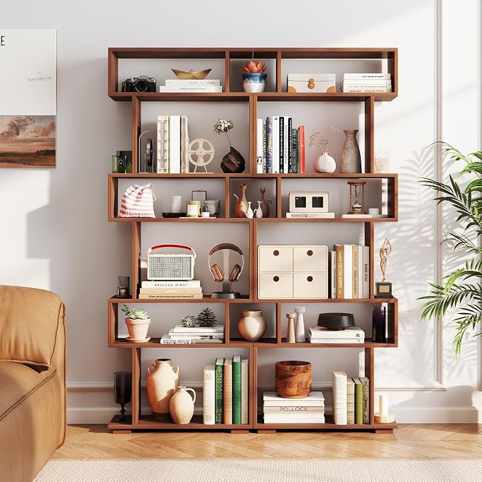 Tangkula 6-Tier S-Shaped Bookshelf, 64" Freestanding Geometric Bookcase, Home Office Wood Storage Shelf with Anti-Toppling Device, Room Divider Display Rack for Study, Living Room (2, Walnut)