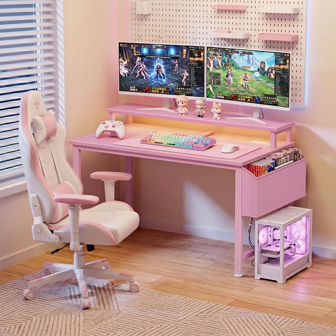 Lufeiya Small Girls Desk with Power Outlets and LED Lights, 32 Inch Gaming Desk Table with Charging Station, Home Office Computer Desks with Monitor, Pink