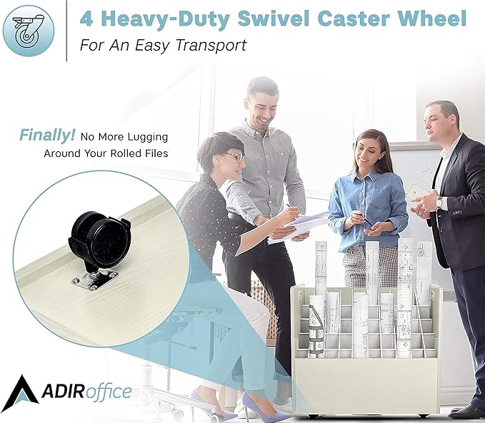 AdirOffice Adir Blue Print Storage Organizer - Mobile Roll File Cart, Construction Plan Holders, Blueprint Cabinet with Wheels, Roll Files Storage for Office and Home (50 Slots, White)
