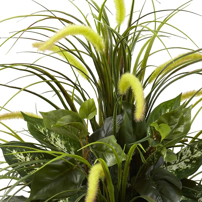 Nearly Natural 6727 3ft. Mixed Greens & Cattails with Planter, 26 x 26 x 36 inches, Green | Lush Lifelike Foliage, Maintenance-Free Maintenance, Decorative Planter Included, Home or Office Decor