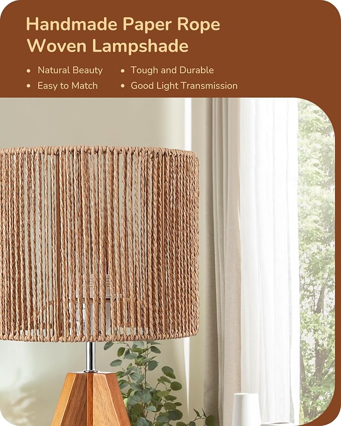 EDISHINE Small Rattan Table Lamp, Wood Tripod Bedside Lamp, 14.2", E26 Base | Natural Style, E26 Socket, Boho Nightstand Light for Living Room, End Table, Office, Rosewood Color&Vertical Stripe Shade