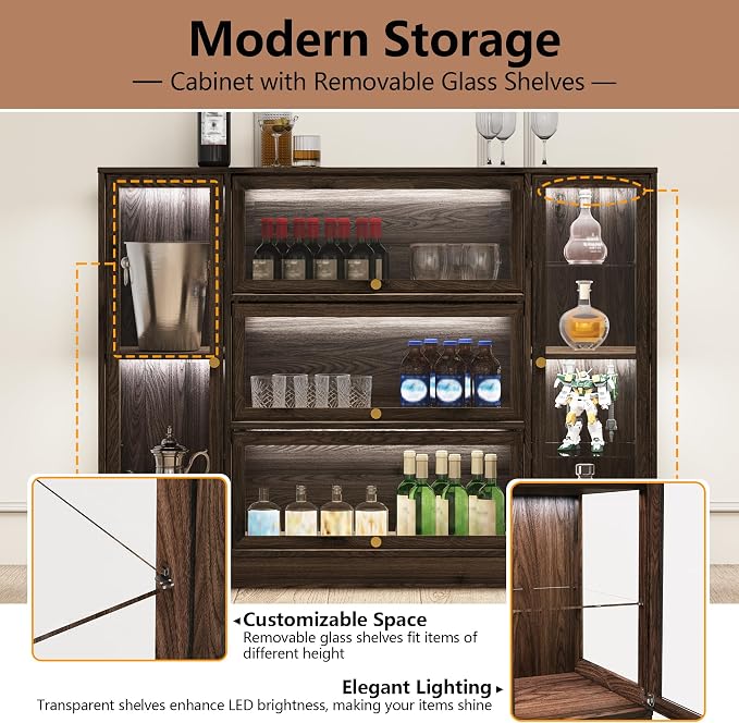 Display Cabinet with Acrylic Glass Doors,Extra Wide Curio Cabinet with LED Lighting for Collectibles, Collectibles Toy Organizers Rack & Display Shelf Display Case, Walnut