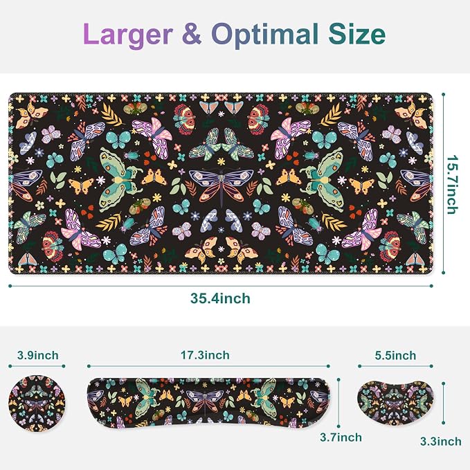 Desk Mat Pad, Gaming Mouse Pad Wrist Support Set, 4 in1 Non-Slip XXL Large Mousepad + Ergonomic Keyboard Wrist Rest+Mouse Wrist Rest+Coaster for Home Office Computer I Colorful Butterfly