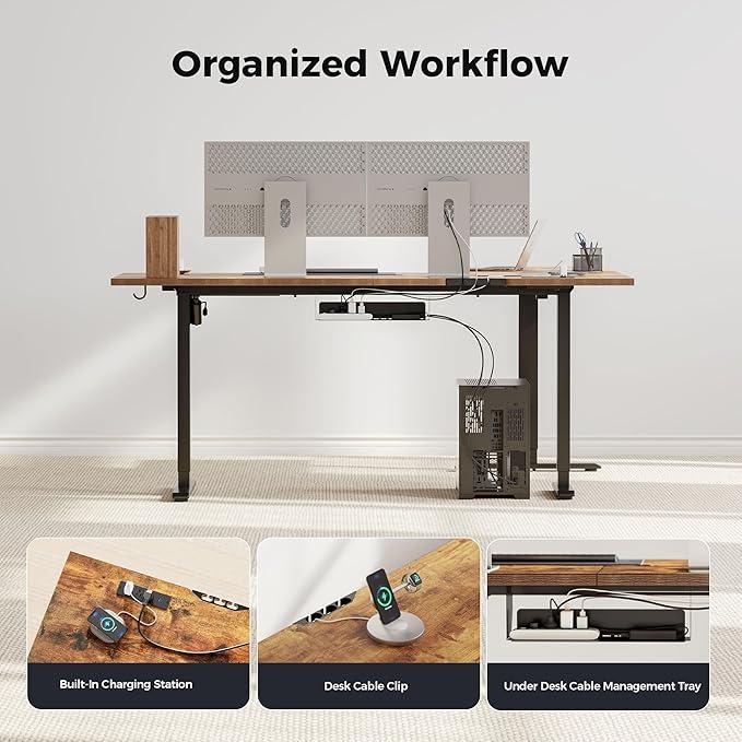 Agilestic 75 x 61 Inch L Shaped Standing Desk with Powerstrip, Rustic Brown | Outlets, Cable Management, Corner Desk, Ample Workspace, Memory Presets, Hooks, Stable Steel Frame,176 lbs, Splice Board