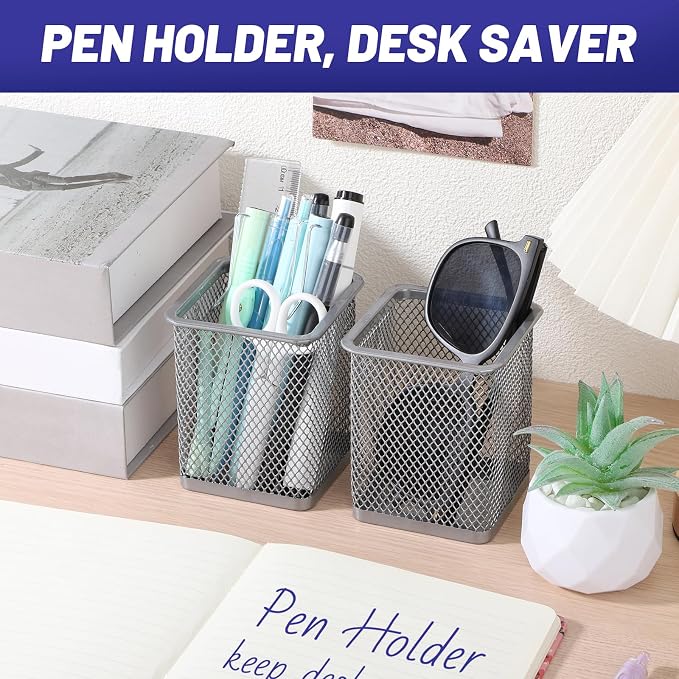 Segarty Pen Holder, 3 Pack Square Silver Pencil Holder for Desktop, Metal Mesh Pen Cup Container Desk Organizer for Office Supplies, School, Home, Makeup Brush Storage