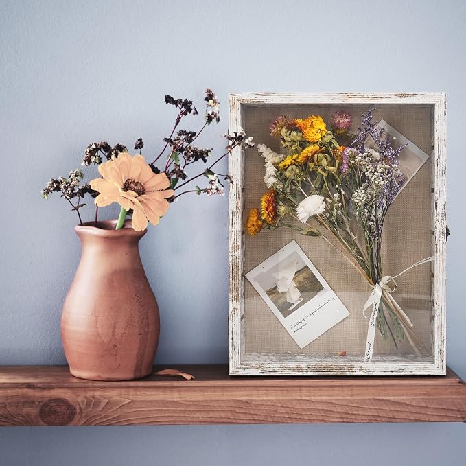 Shadow Box with Shelves, White 12x16 Wooden Display Cases with Shelves for Miniatures Keepsake Collectibles, Coins Military Medals Pins Wedding Flowers