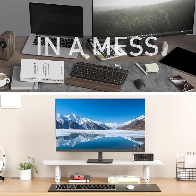 AFOOYO Dual Monitor Stand for Desk, Adjustable Height Wood Computer Riser, Ergonomic Monitor Shelf for Laptop, Printer, TV, Black - Large Storage Space, Sturdy Desk Organizer for Home & Office,White