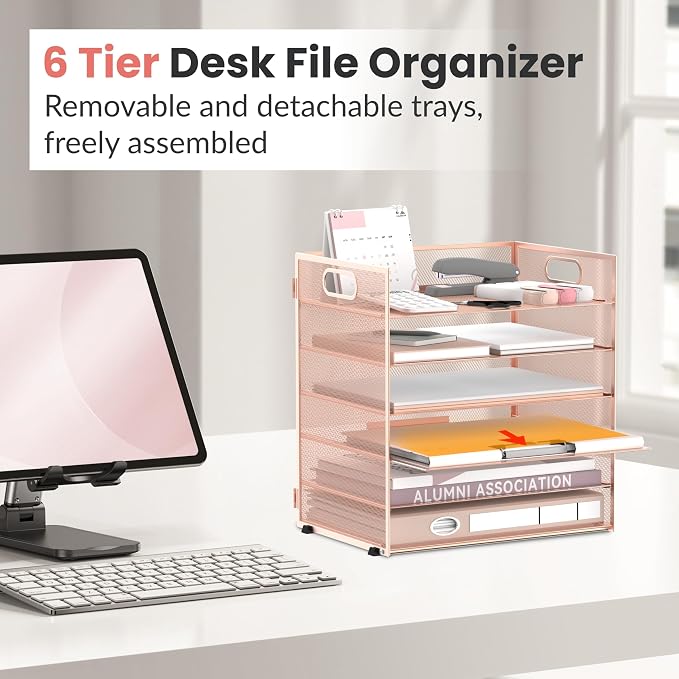 Daltack 6-Tier Paper Organizer for Desk with Handle, Rose Gold, 2 Pack | Sturdy Metal Mesh Organizer with Movable Middle Trays and a Carry Handle for Papers, Folders and Office Supplies