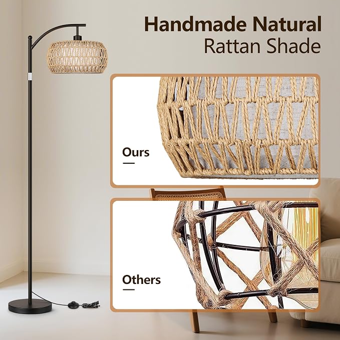 ROTTOGOON Rattan Floor Lamps for Living Room, Boho Standing Lamps with Rattan& Linen Double Shades, Arc Lamps Floor Standing with 9W Bulb, Foot Switch, Bohemian Floor Lamps for Bedroom, Office-Black