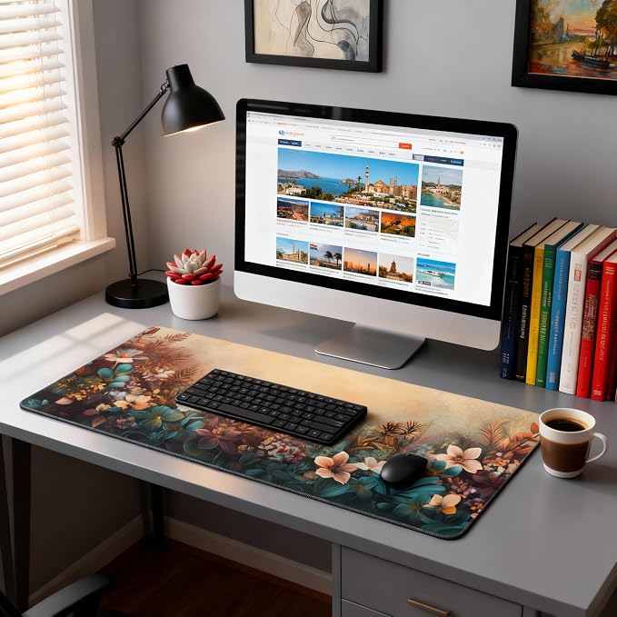 Floral Aesthetic Azalea Gaming Mouse Pad, Earth Tone Dreamy Desk Mat with Anti-Slip Base & Stitched Edges, Office Supplies & Desk Decor for Women, 35.4" x 15.7" in Home Office Essentials
