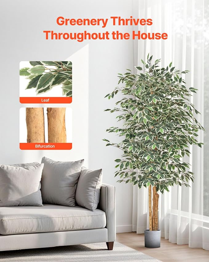 VEVOR 6FT Artificial Ficus Tree with Black Pot, Tall Faux Ficus Plant with Natural Wood Trunk and Realistic Green Leaves, Indoor Fake Silk Tree for Home, Office, Living Room, or Corner Décor