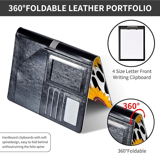 Padfolio/Portfolio Folder Clipboard,Padfolio Clipboard,Writing Portfolio Leather with Cover for Card Holder Slot Letter Size A4 for Office Conference Notepad Clip Boards,Cow Print Sunflowers