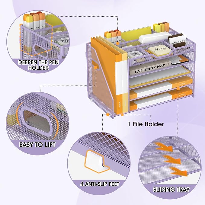 5 Tier Paper Letter Tray Desk Organizer with Pen Holders - Purple | Features 3 pen holders and 4 removable dividers.Versatile mesh desktop storage for mail, document,office supplie