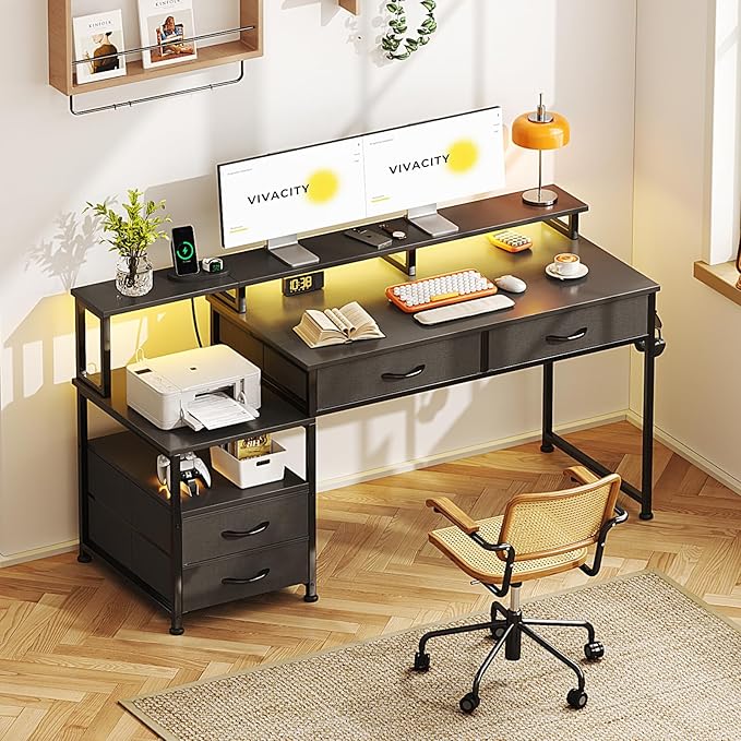 MUTUN 53" Computer Desk with 4 Drawers & Power Outlets, Reversible Home Office Desk with Monitor Stand & Printer Stand, Gaming Desk with Led Lights, Study Writing Work Desk Table for Bedroom (Black)