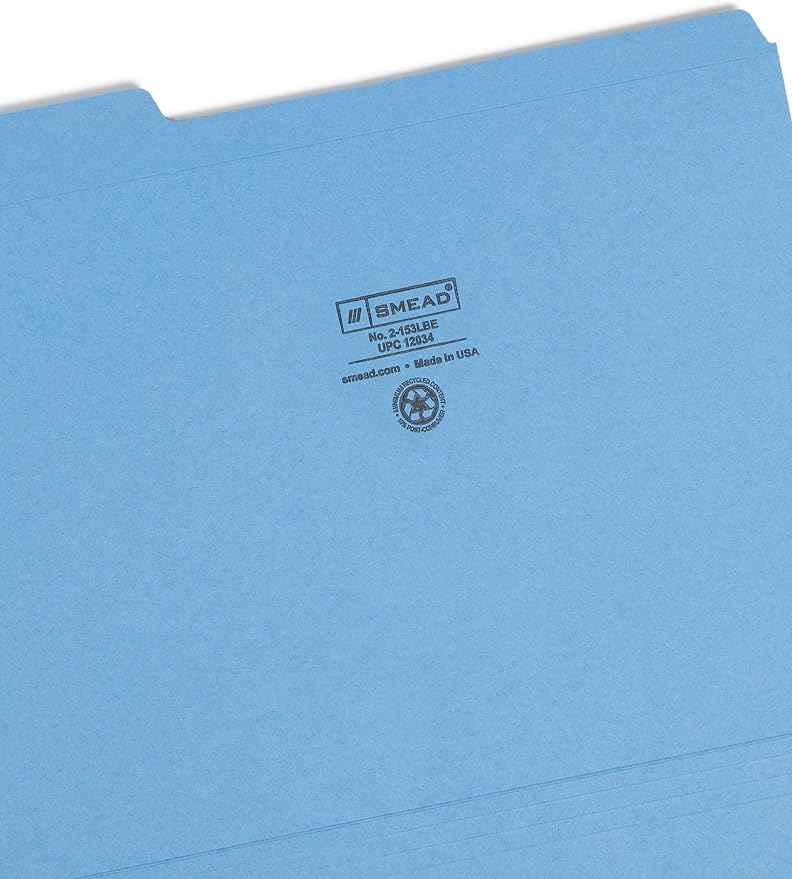 Smead File Folder, Reinforced 1/3-Cut Tab, Letter Size, Blue, 100 per Box (12034)