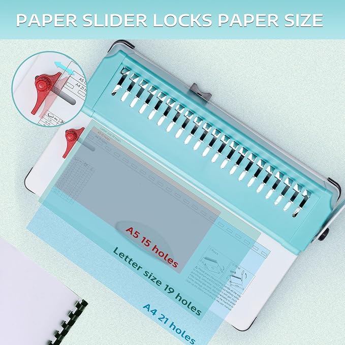 OFFNOVA Binding Machine, 21-Hole 450 Sheets Paper Comb Punch Binder Machine for Letter Size / A4 / A5 Paper, Easy to Punch Handle, Adjustable Margin, Mint with White Base