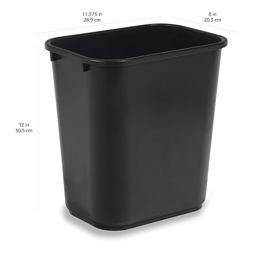 Amazon Basics Small Rectangular Commercial Office Wastebasket, Easy to Clean,11.4"L x 8"W x 12"H, 3 Gallon, Black, 6-Pack